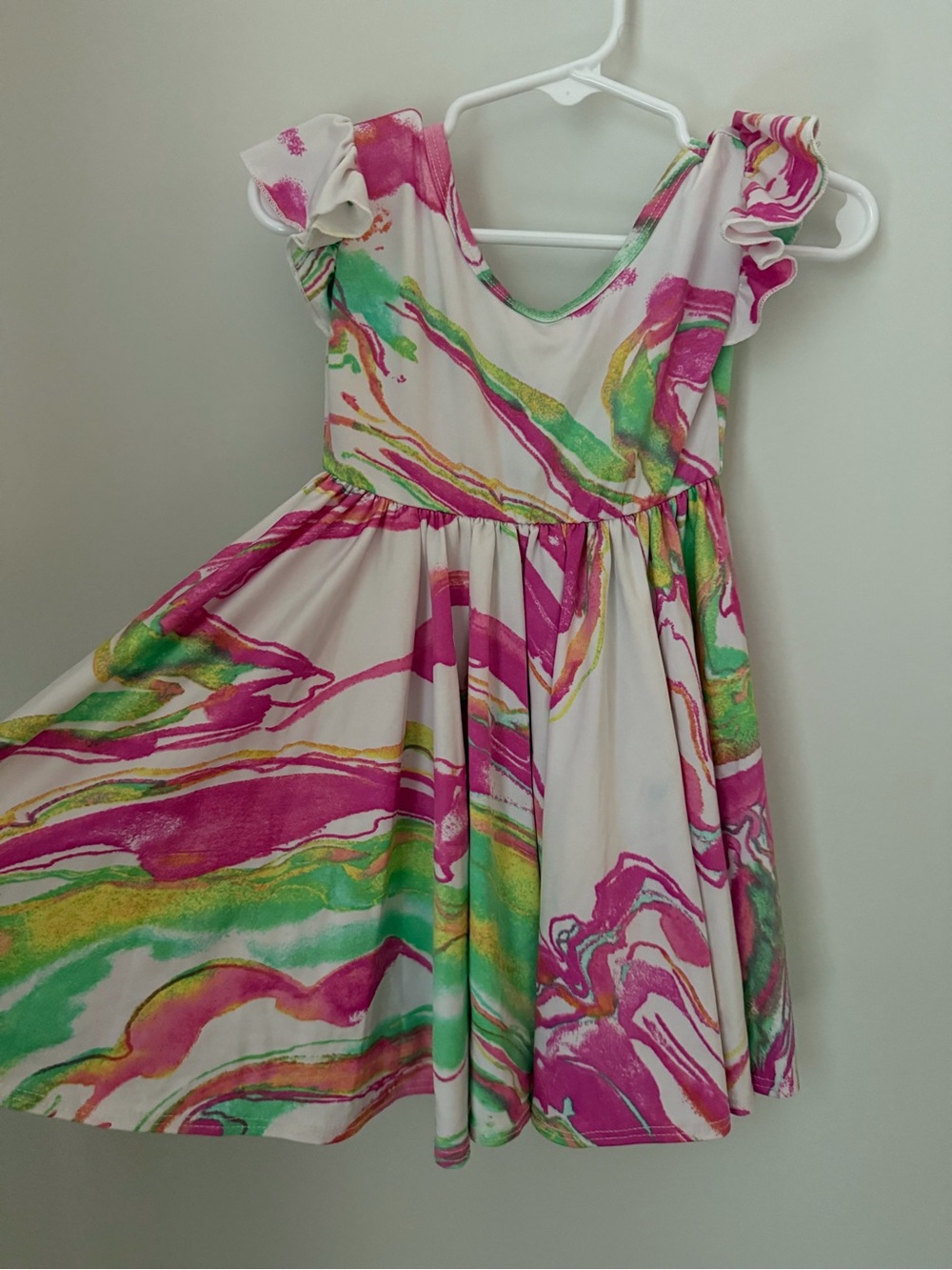 Dot Dot Smile Marble-Print Ruffle Sleeve Dress in Pink, Green, Yellow